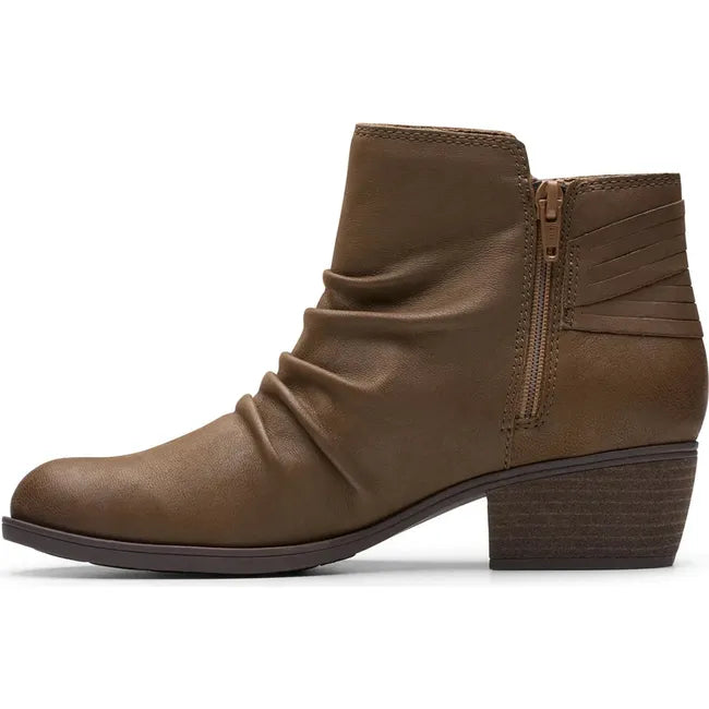 Medial side of Women&#39;s Clarks Charleton Rosa Boot in Mushroom brown nubuck leather with block heel