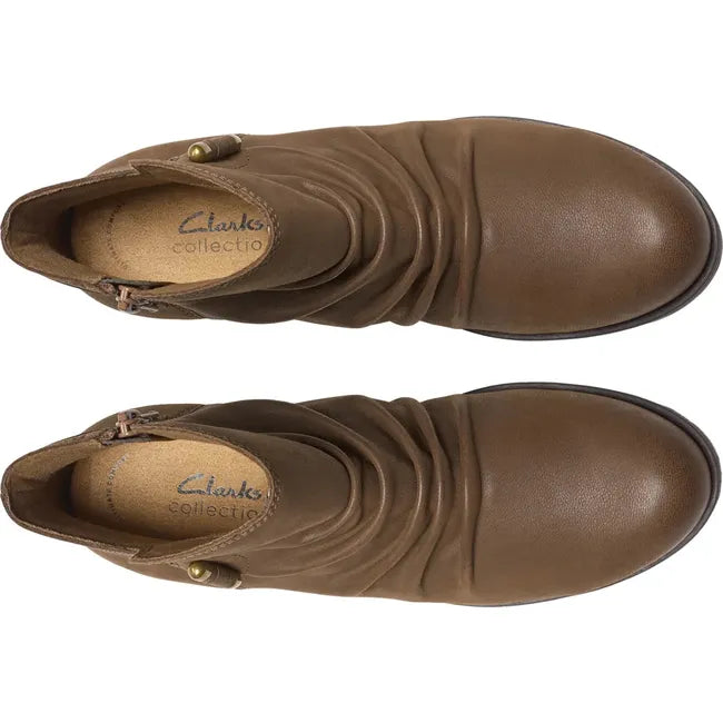 Top down view of Womens Clarks Charleton Rosa Boots in Mushroom brown nubuck leather with block heel