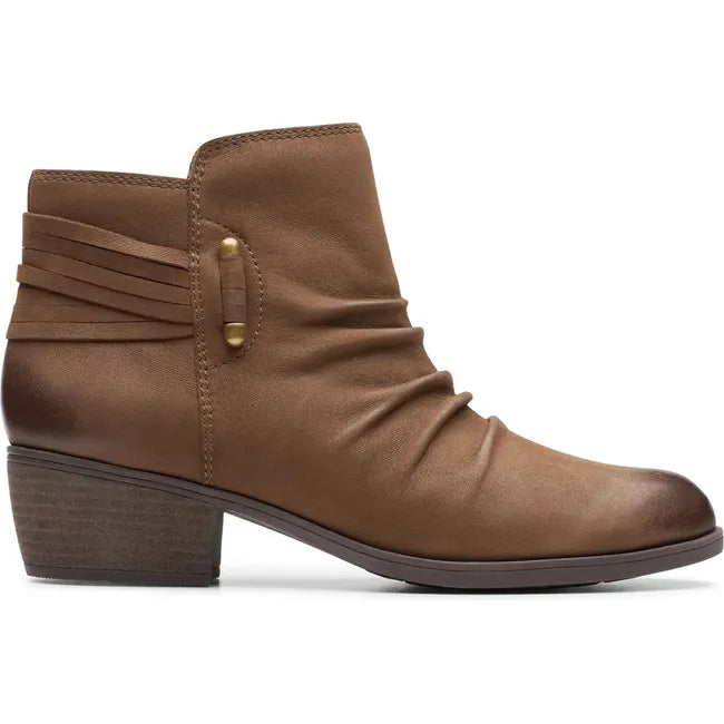 Lateral side of Women&#39;s Clarks Charleton Rosa Boot in Mushroom brown nubuck leather with block heel