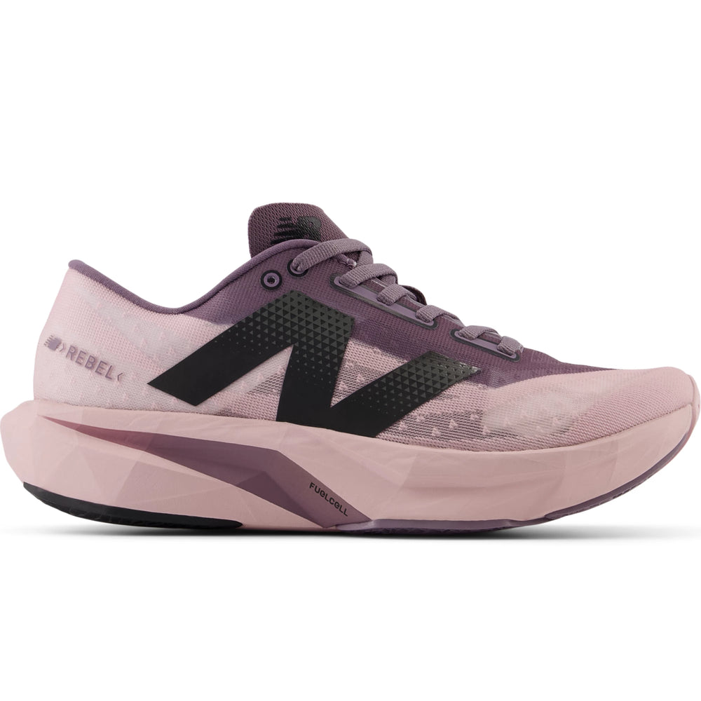 Side of New Balance Women's FuelCell Rebel v4 Running Shoe in Twilight Haze/Dark Ice Wine/Black