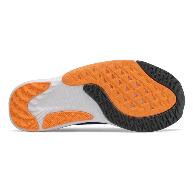 White sole of New Balance Women's FuelCell Rebel V2 Running Shoe in deep violet with orange tread
