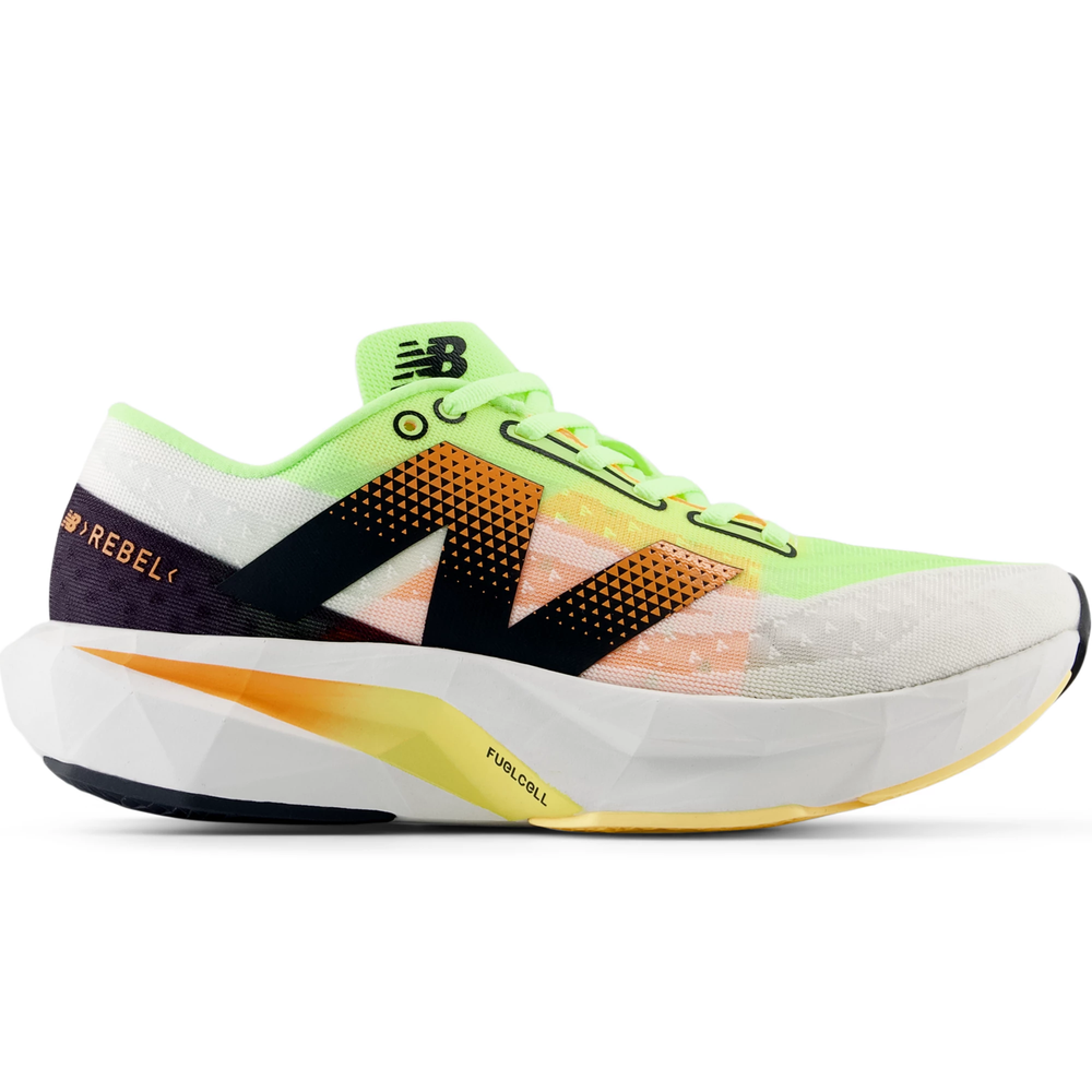 Side of New Balance Women's FuelCell Rebel v4 Running Shoe in White/Bleached Lime Glo/Hot Mango