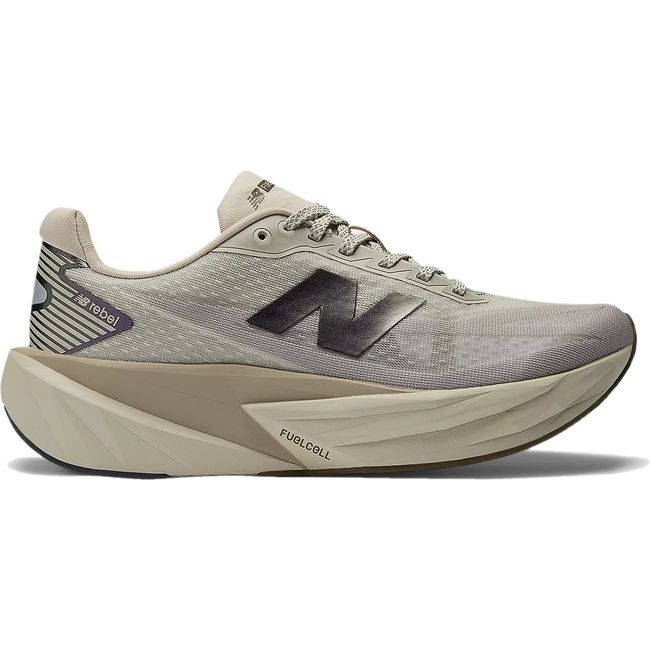 Side of New Balance Women's FuelCell Rebel V5 Running Shoe in Shipyard/Arid Stone/Woodland beige