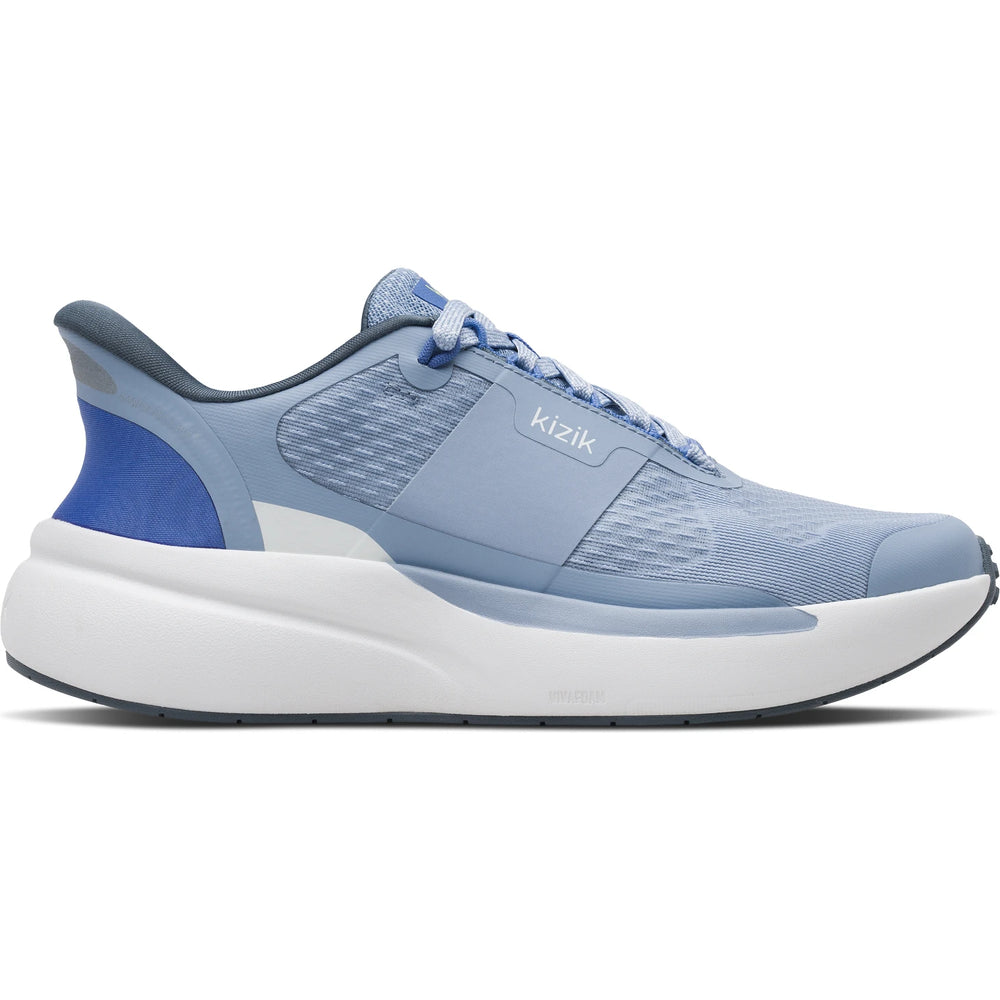 Lateral side of Women's Kizik Freedom Run Running Shoe in light blue with easy on HandsFree Step-In tech
