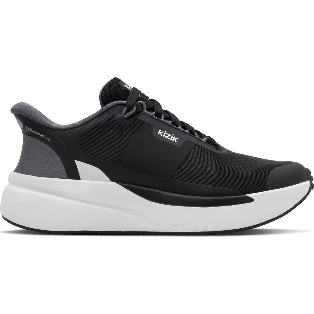 Lateral side of Women's Kizik Freedom Run Running Shoe in black and white with easy on HandsFree Step-In tech