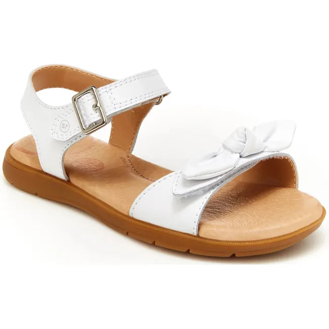 Front angled view of Kids Whitney Stride Rite Sandal in white leather with velcro straps