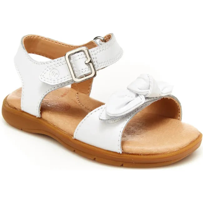 Front angled view of Little Kids Whitney Stride Rite Sandal in white leather with velcro straps