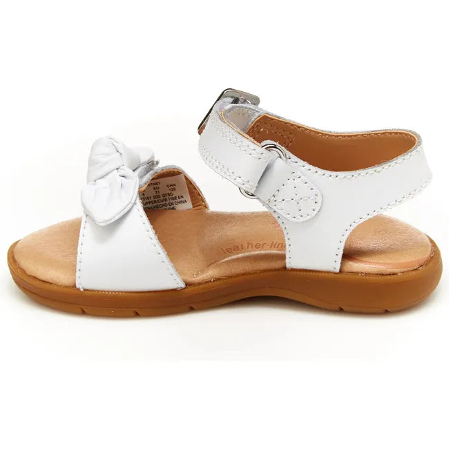 Medial side of Little Kids Whitney Stride Rite Sandal in white leather with velcro straps