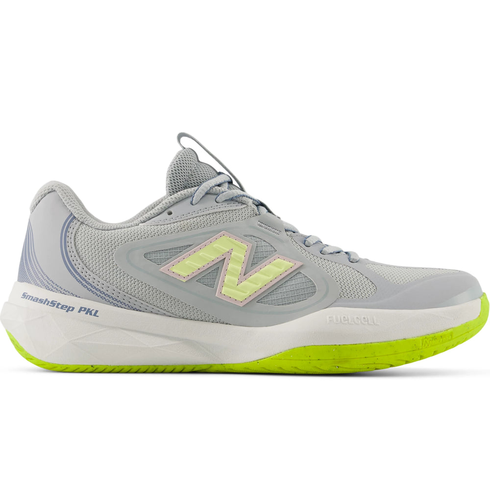 Side of New Balance Women's SmashStep PKL pickleball shoe in Light Zinc Blue/Pink Granite/Glint Blue