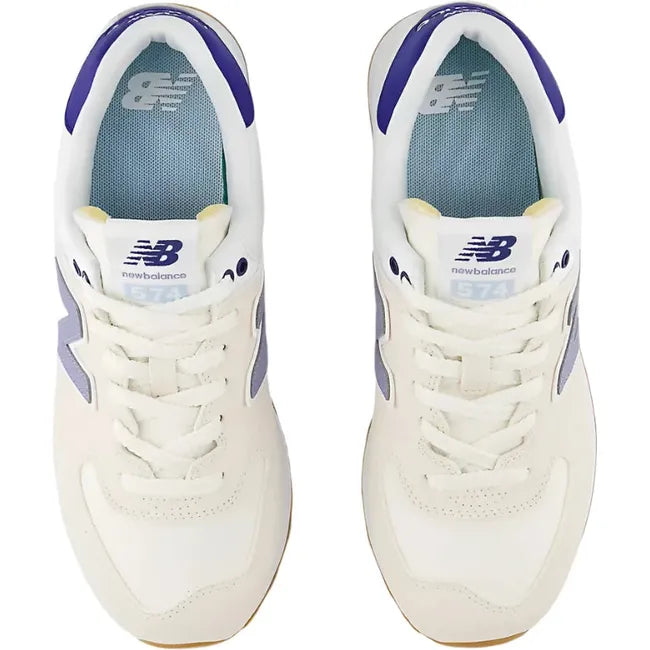 Top down of New Balance Women's 574 Lifestyle Shoes in linen beige and indigo