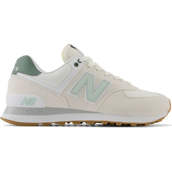 Lateral side of Women's New Balance 574 Lifestyle Shoe in Sea Salt beige and New Spruce green