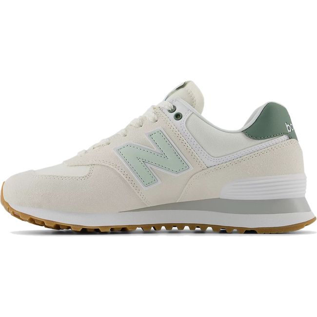 Medial side of of Women's New Balance 574 Lifestyle Shoe in Sea Salt beige and New Spruce green