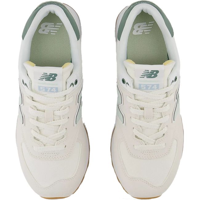 Top down view of Women's New Balance 574 Lifestyle Shoes in Sea Salt beige and New Spruce green