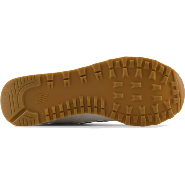 Sole of Womens New Balance 574 Lifestyle Shoes in Sea Salt beige and New Spruce green with tan tread