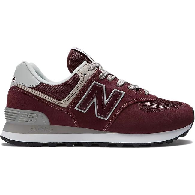 Lateral side of Women's New Balance 574 Core Shoe in burgundy red suede and mesh