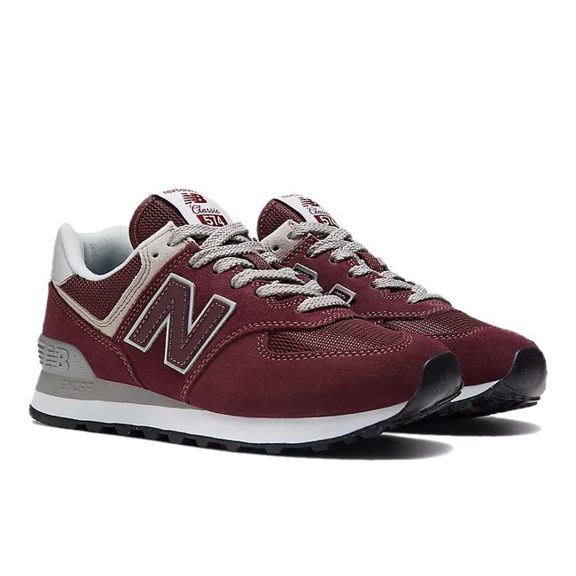 Pair of Women's New Balance 574 Core Shoes in burgundy red suede and mesh