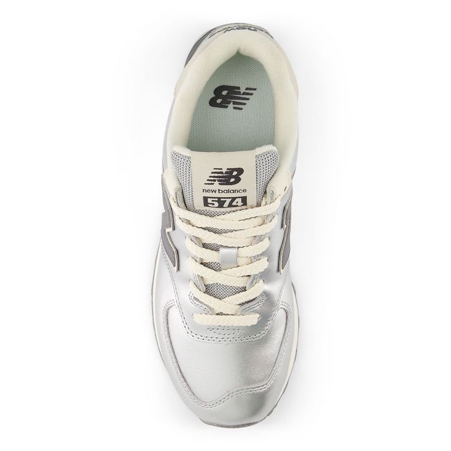 Top down view of the New Balance 574 pair in metallic silver with cream laces