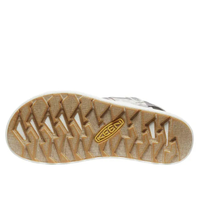 White and tan sole of Keen Women's Elle Backstrap Sandal in Grey Fawn Tie Dye Star White