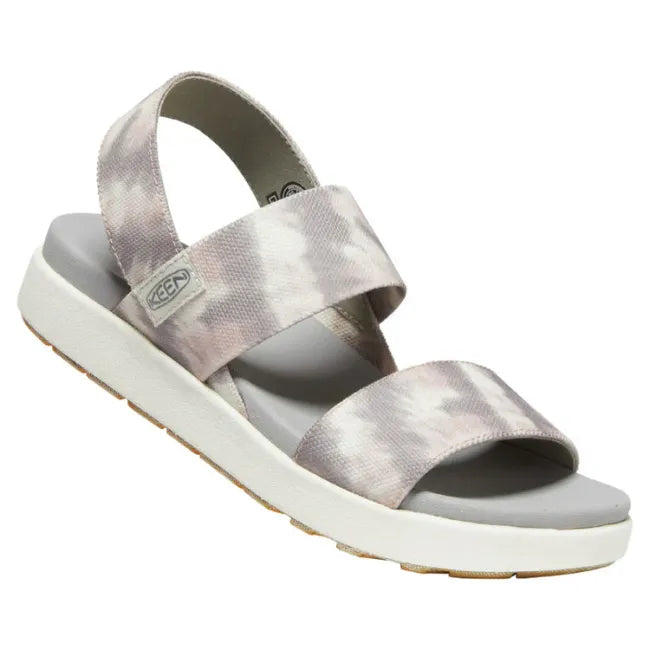 Angled view of Keen Women's Elle Backstrap Sandal in Grey Fawn Tie Dye Star White