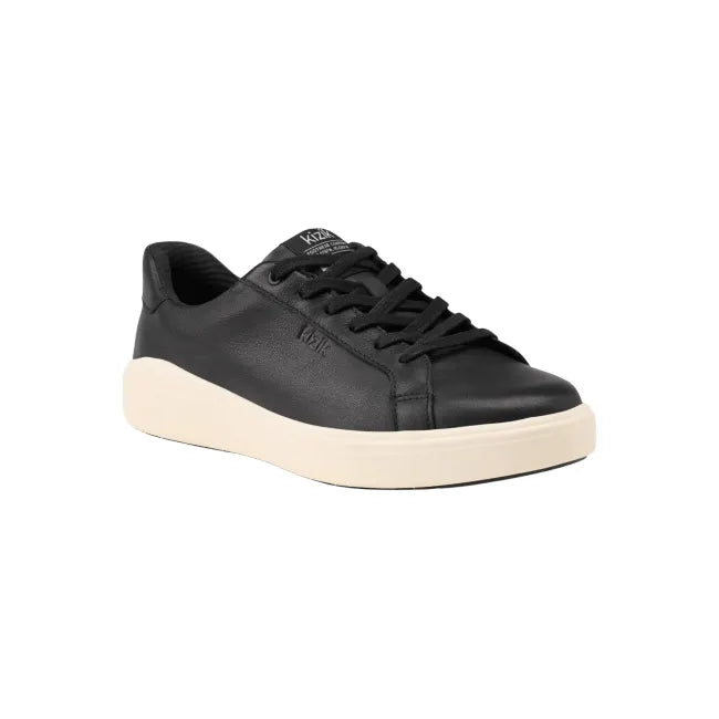 Front angle of Women’s Kizik Vegas 2 Sneaker in black with off-white sole and handsfree step in
