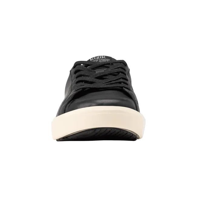 Front of Women’s Kizik Vegas 2 Sneaker in black with laces, off-white sole and handsfree step in