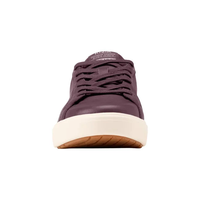 Front of Women’s Kizik Vegas 2 Sneaker in brown/red with laces, off-white sole and handsfree step in