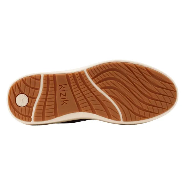 Off-white sole of Kizik Vegas 2 Sneaker in brown/red upper with textured grip for everyday traction
