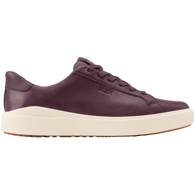 Lateral side of Women’s Kizik Vegas 2 Sneaker in brown/red with off-white sole and handsfree step in