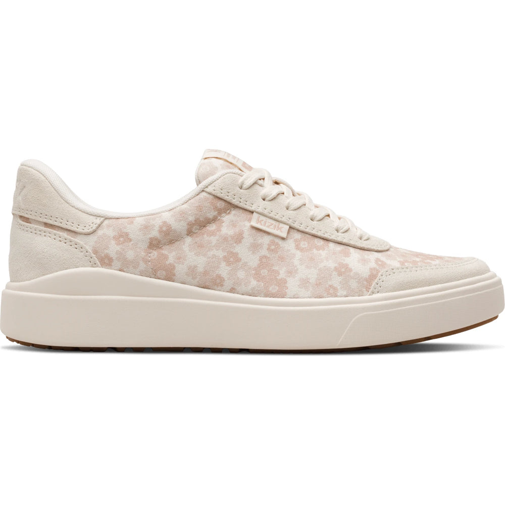 Lateral side of Women's Kizik Prague 2 Sneaker in cream floral with easy on HandsFree Step-In tech