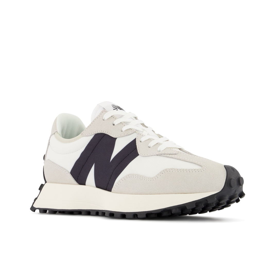 New Balance Women's 327 Lifestyle Shoe in Sea Salt/White/Black, three-quarter front view