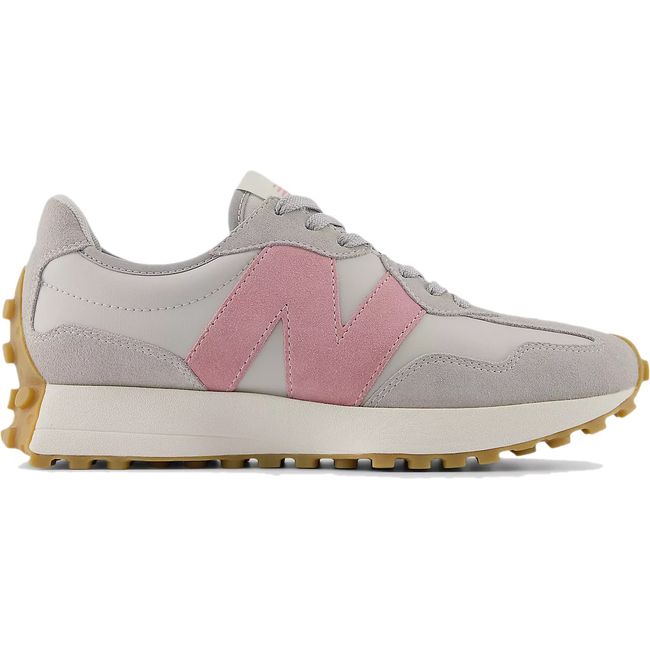 Side of New Balance Women's 327 Lifestyle Shoe in Raincloud Grey &amp; Tatty Pink