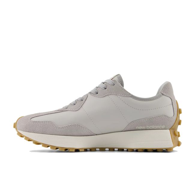 Medial side of New Balance Women's 327 Lifestyle Shoe in Raincloud Grey & Tatty Pink
