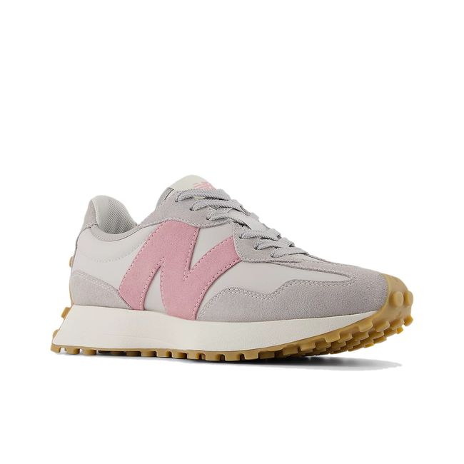 Front of New Balance Women's 327 Lifestyle Shoe in Raincloud Grey &amp; Tatty Pink