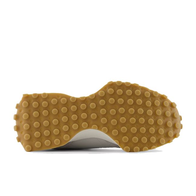 Tan sole of New Balance Women's 327 Lifestyle Shoe in Raincloud Grey &amp; Tatty Pink