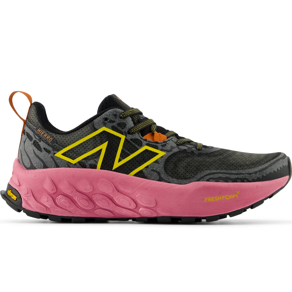 Side of New Balance Women's Fresh Foam X Hierro v8 Trail Running Shoe in Black/Pink/Lemon