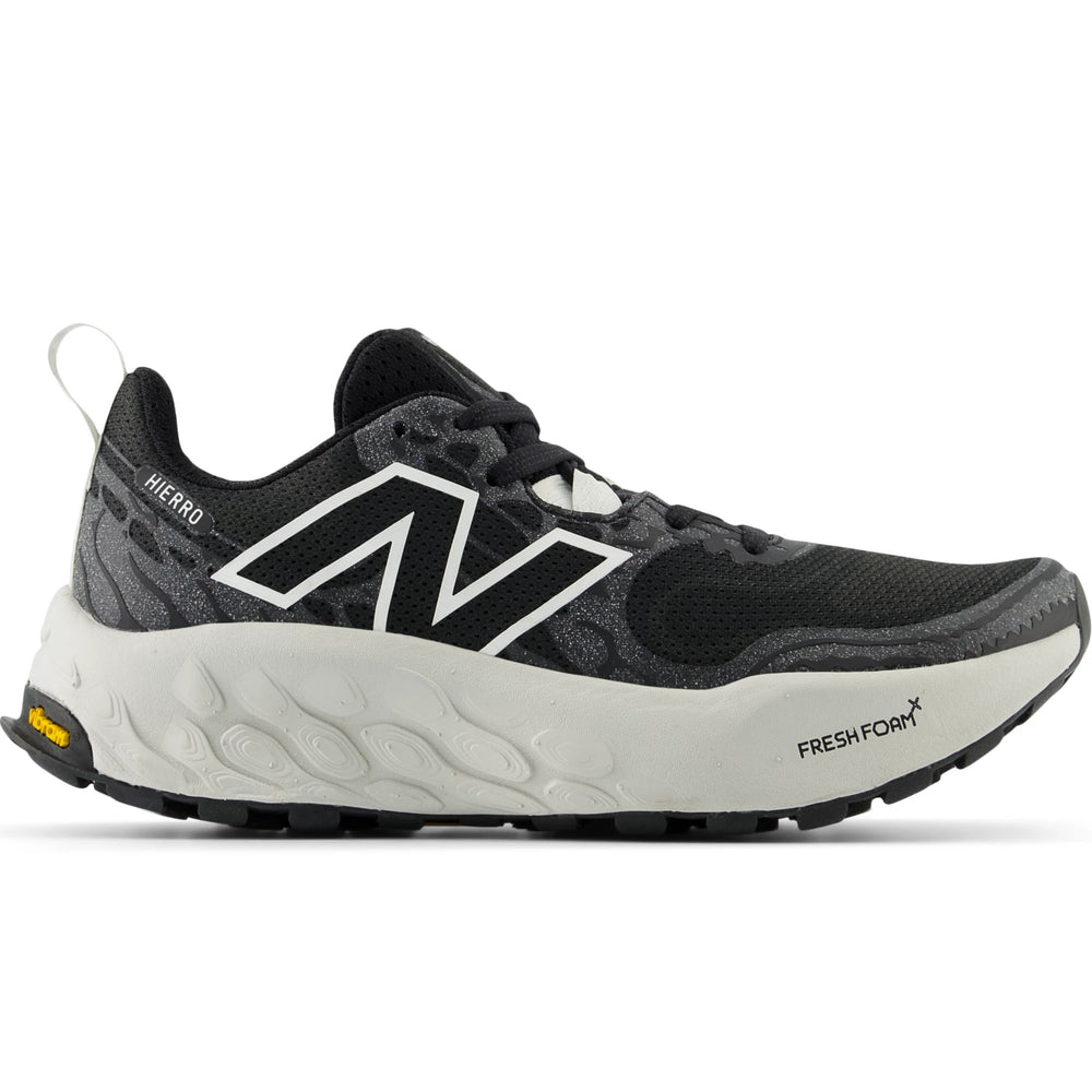 Side of New Balance Women's Fresh Foam X Hierro v8 Trail Running Shoe in Black/Sea Salt/Grey Matter