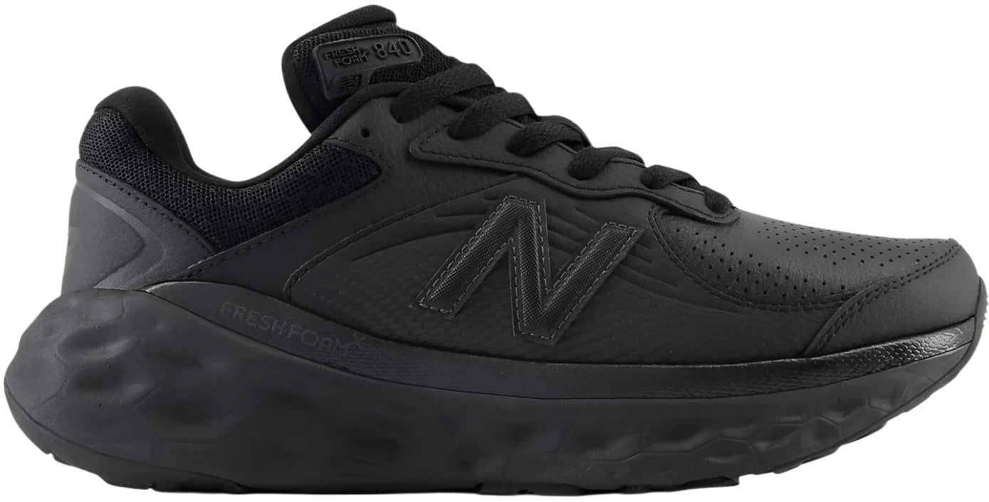 Lateral side of New Balance Women's 840 Slip Resistant Work Shoe. Fresh Foam cushioning. All black.