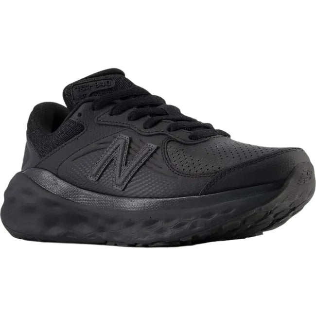 Front angled view of Black New Balance Women's 840 Slip Resistant Work Shoe. Fresh Foam cushioning.