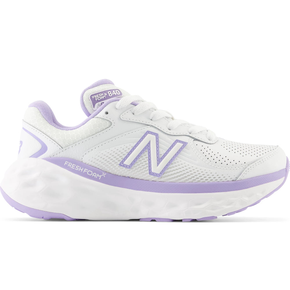 Side of New Balance Women's Fresh Foam X 840F walking shoe in White/Lilac Glo