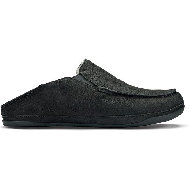 Lateral side of mens Olulai Kipuka Hulu Slipper in black nubuck with drop in heel down