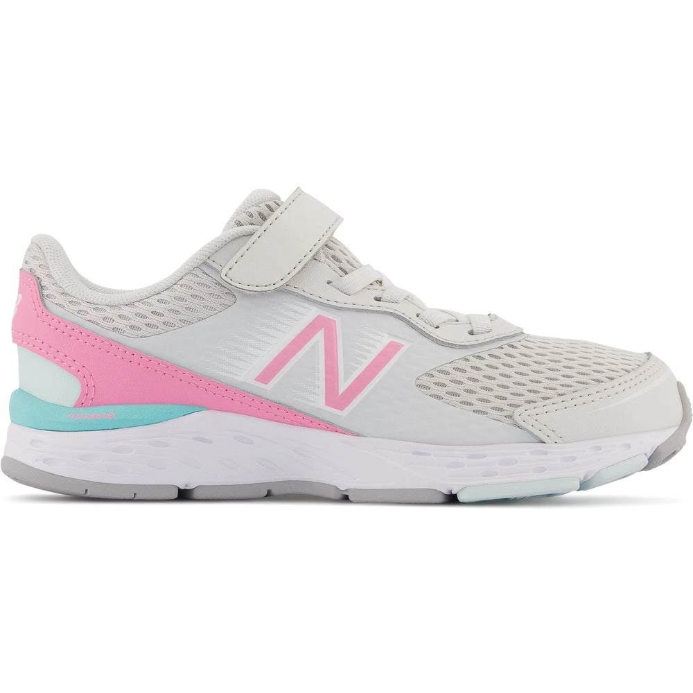 Side of New Balance Kids' 680v6 running shoe in Nimbus Cloud/Bubblegum/Surf