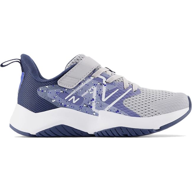 Side of New Balance Kids' Rave Run V2 Velcro Running Shoe in Grey & Navy