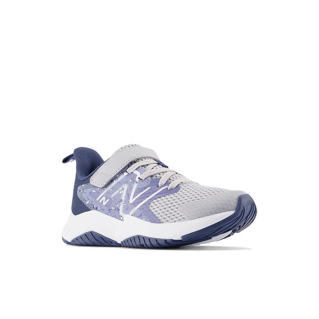 Front angled view of New Balance Kids&#39; Rave Run V2 Velcro Running Shoe in Grey &amp; Navy