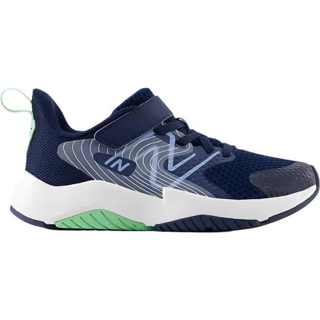 Lateral of New Balance Kids' Rave Run V2 Velcro Top Strap Running Shoe in navy