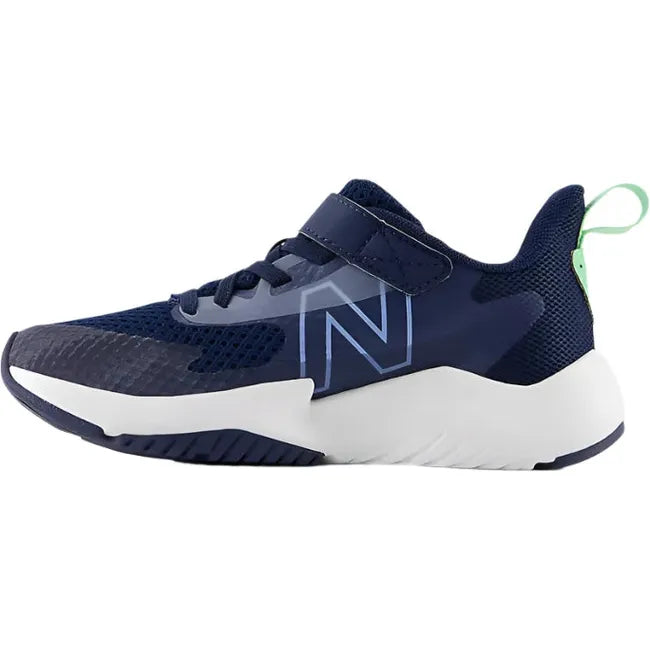 Medial of New Balance Kids' Rave Run V2 Velcro Top Strap Running Shoe in navy