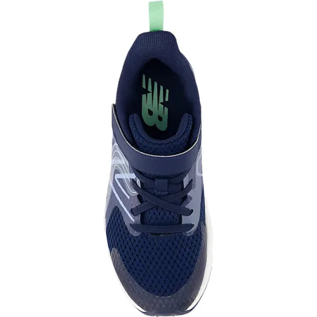 Top down of New Balance Kids' Rave Run V2 Velcro Top Strap Running Shoe in navy