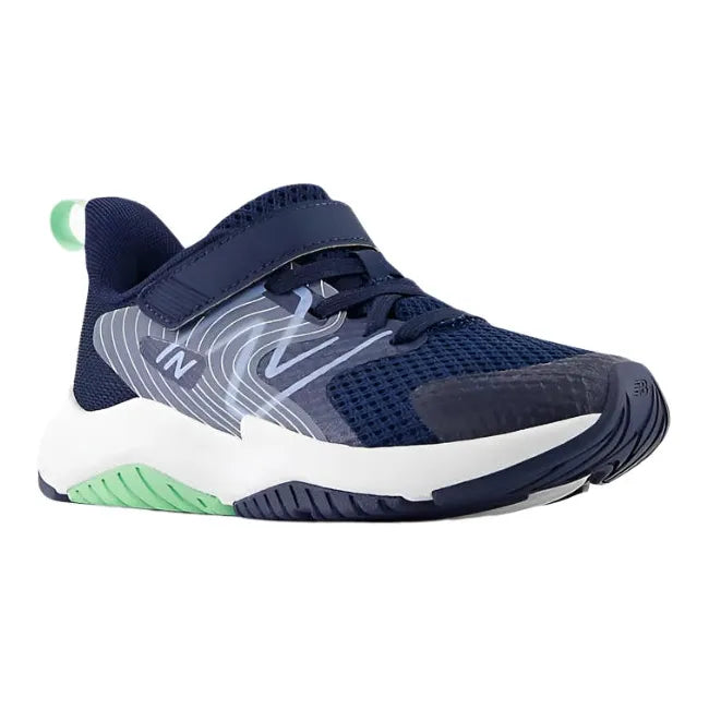 Lateral angled of New Balance Kids' Rave Run V2 Velcro Top Strap Running Shoe in navy