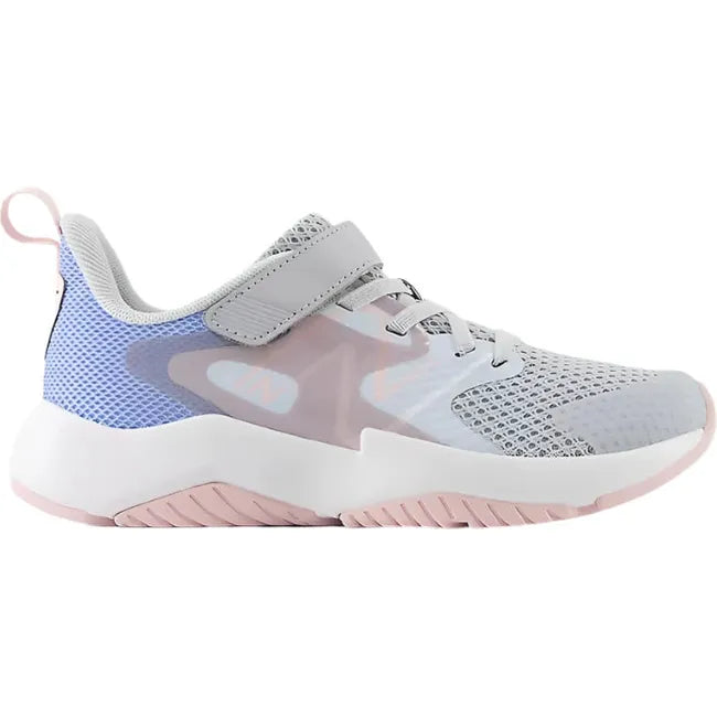 Lateral of New Balance Kids' Rave Run V2 Velcro Top Strap Running Shoe in grey, blue, and pink