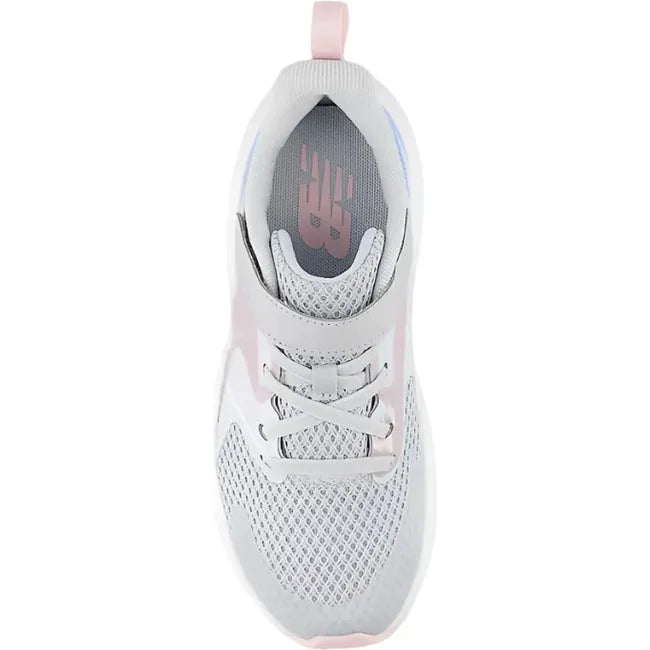 Top down of New Balance Kids' Rave Run V2 Velcro Top Strap Running Shoe in grey, blue, and pink