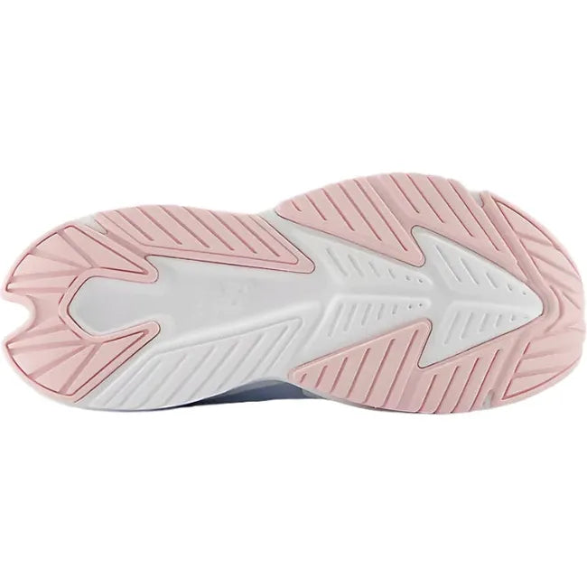 Sole of New Balance Kids' Rave Run V2 Top Strap Running Shoe in grey, blue, and pink